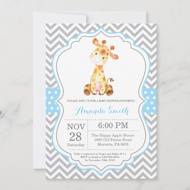 Giraffe Baby Shower Invitación azul y gris (Anverso)