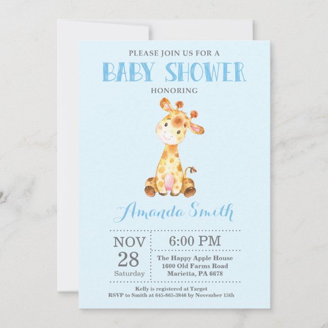 Giraffe Baby Shower Invitación azul y gris (Anverso)