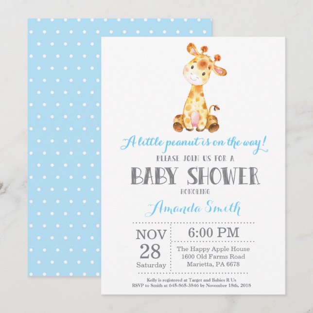 Giraffe Baby Shower Invitación azul y gris (Anverso / Reverso)