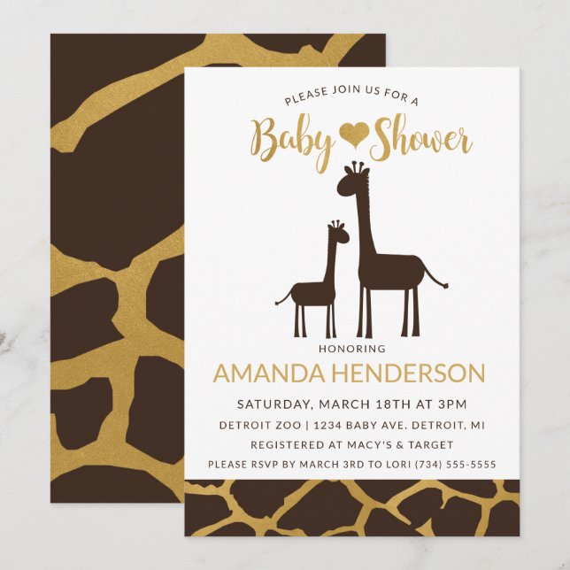 Giraffe Baby Shower Invitación Brown & Gold (Anverso / Reverso)