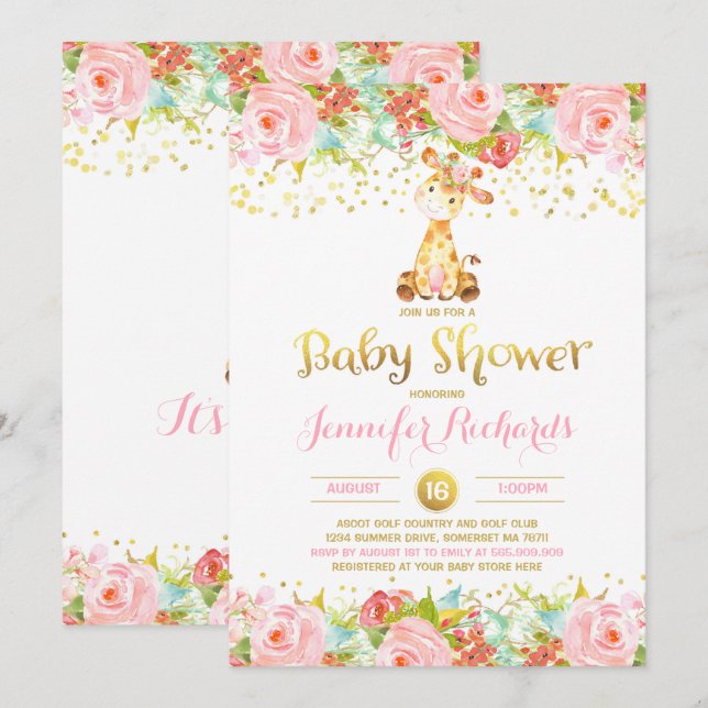 Giraffe Baby Shower Invitación Floral Rosa y Oro (Anverso / Reverso)