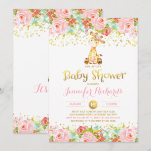 Giraffe Baby Shower Invitación Floral Rosa y Oro