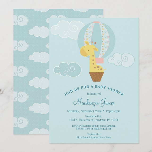 Giraffe Baby Shower Invitación Globo Blue Boy (Anverso / Reverso)