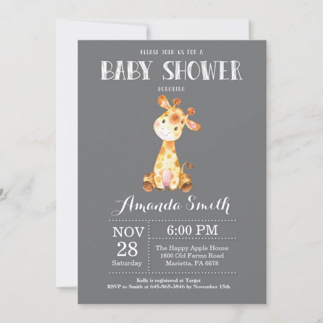 Giraffe Baby Shower Invitación Grey (Anverso)