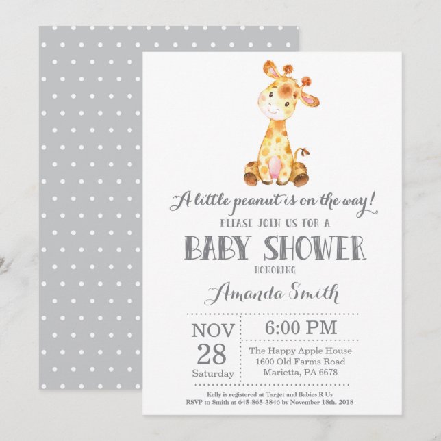 Giraffe Baby Shower Invitación Grey (Anverso / Reverso)