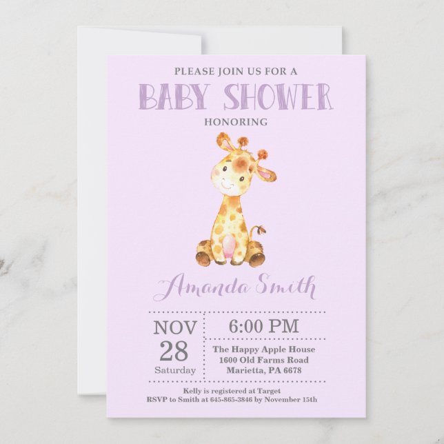 Giraffe Baby Shower Invitación morado y gris (Anverso)