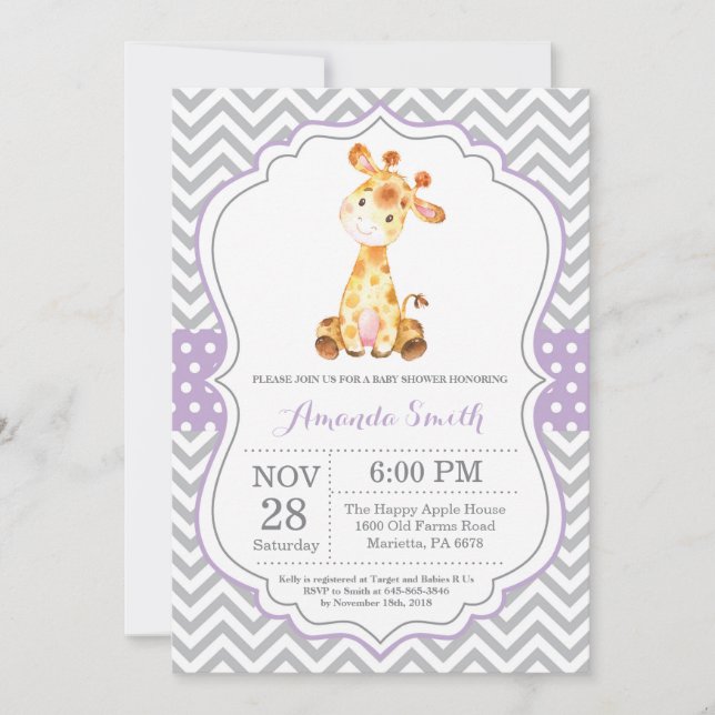 Giraffe Baby Shower Invitación morado y gris (Anverso)