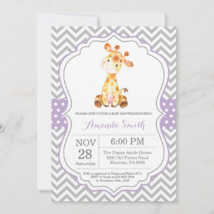 Giraffe Baby Shower Invitación morado y gris