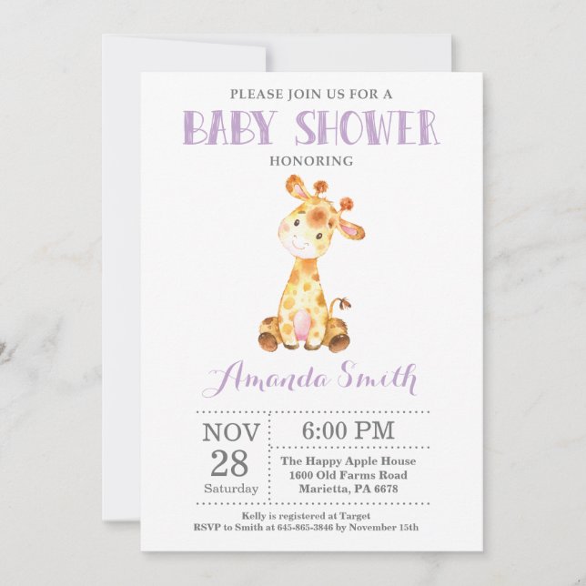 Giraffe Baby Shower Invitación morado y gris (Anverso)