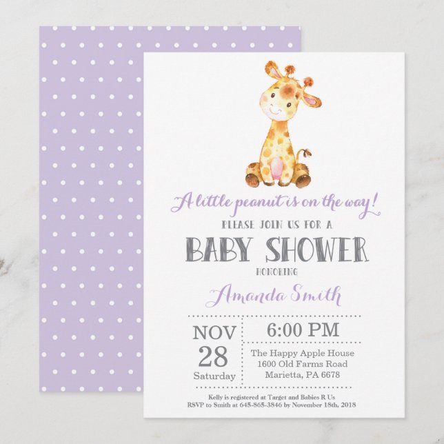 Giraffe Baby Shower invitación morado y gris (Anverso / Reverso)
