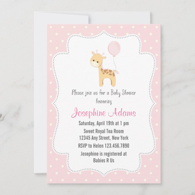 Giraffe Baby Shower Invitación rosa (Anverso)