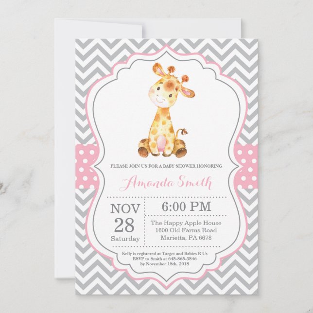 Giraffe Baby Shower Invitación rosa y gris (Anverso)