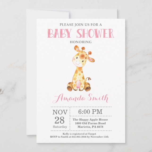 Giraffe Baby Shower Invitación rosa y gris (Anverso)