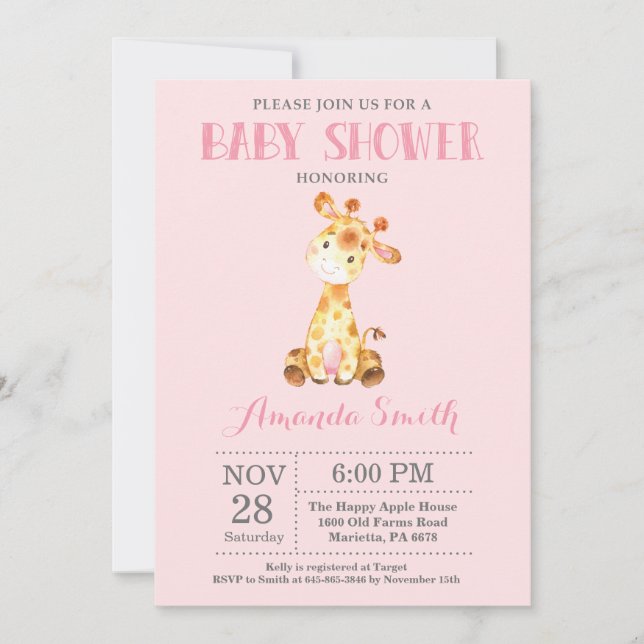 Giraffe Baby Shower Invitación rosa y gris (Anverso)