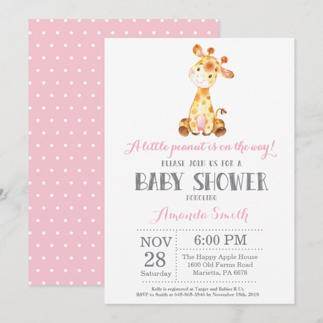 Giraffe Baby Shower Invitación rosa y gris (Anverso / Reverso)