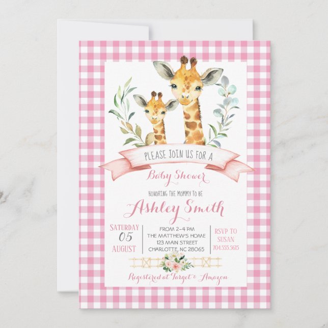 Giraffe bebé ducha invitación chica rosa (Anverso)