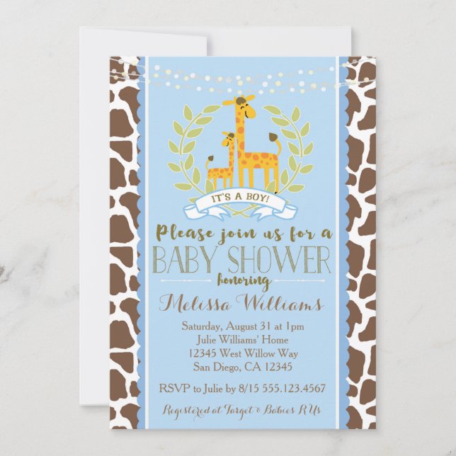 Giraffe Boy Blue Baby Shower Invitación (Anverso)