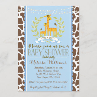 Giraffe Boy Blue Baby Shower Invitación