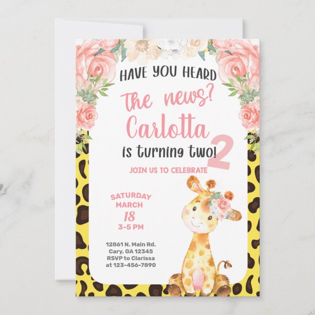 Giraffe chica 2º, segunda invitación de cumpleaños (Anverso)