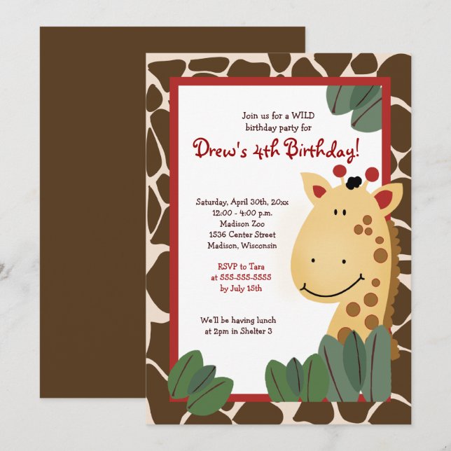Giraffe Cualquier Invitación de Cumpleaños de Edad (Anverso / Reverso)