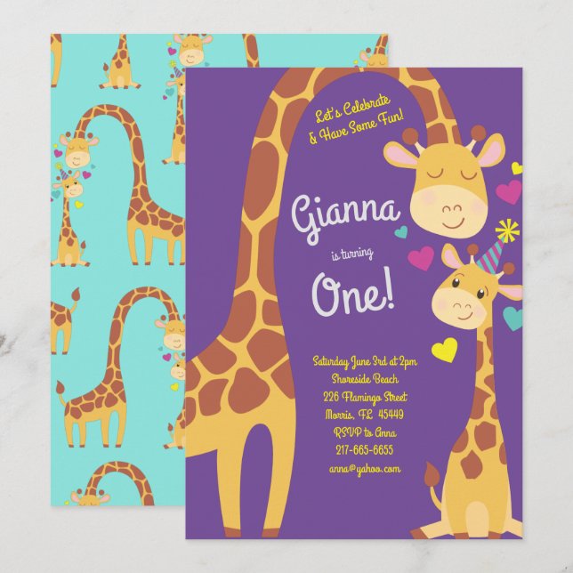 Giraffe Cute Kids Primera Invitación a la fiesta d (Anverso / Reverso)