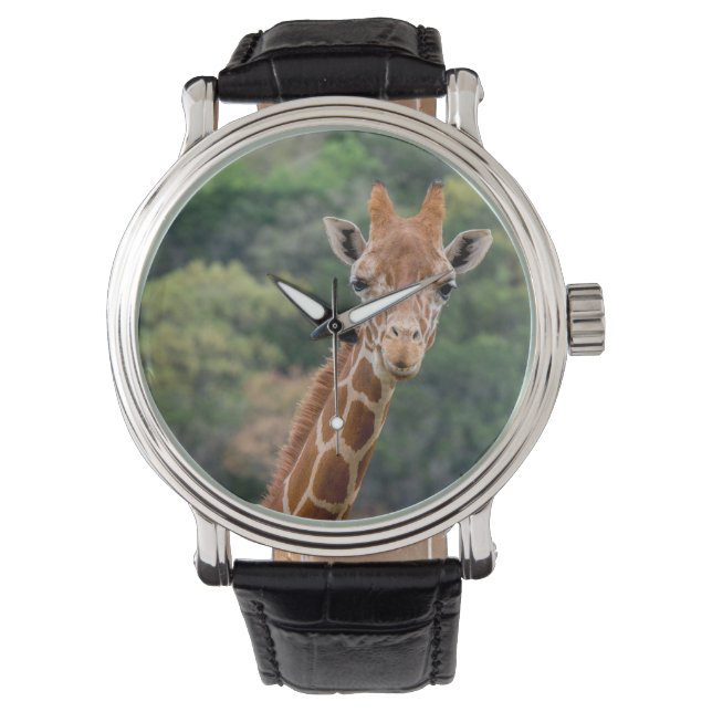 Giraffe dice "queso" con un gran reloj sonriente (Anverso)