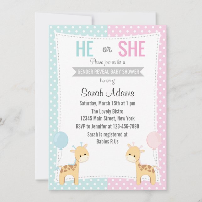 Giraffe Gender Reveal Party Invitación (Anverso)