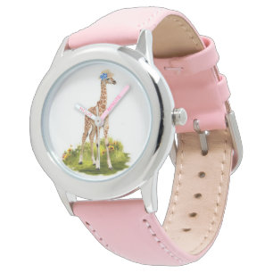 Giraffe infantil en reloj rosa Gorra de flores azu