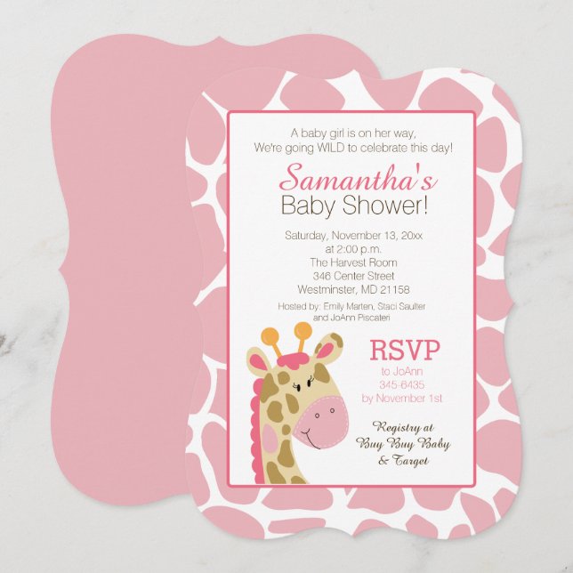Giraffe rosa es una invitación Chica a Baby Shower (Anverso / Reverso)