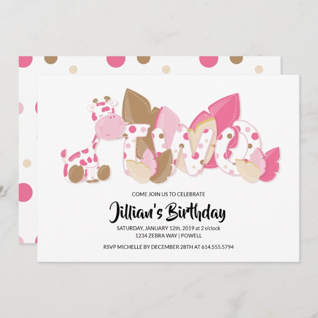 Giraffe rosada Segunda Invitación de fiesta de cum (Anverso / Reverso)