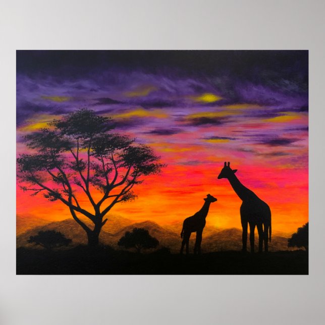"Giraffe Sunset" Giraffe Posters de arte escénico (Frente)
