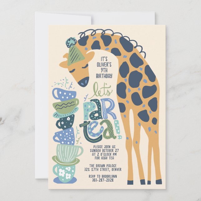 Giraffe Tea Fiestas Niños Invitación a la fiesta d (Anverso)