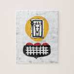 Giraffe Will Si Quieres Rompecabezas<br><div class="desc">Una jirafa fina a rayas que se dibuja sobre una forma circular amarilla. Debajo de la jirafa se encuentra una pieza final negra con un patrón cruzado blanco y un guarnecido de vieira rojo.</div>