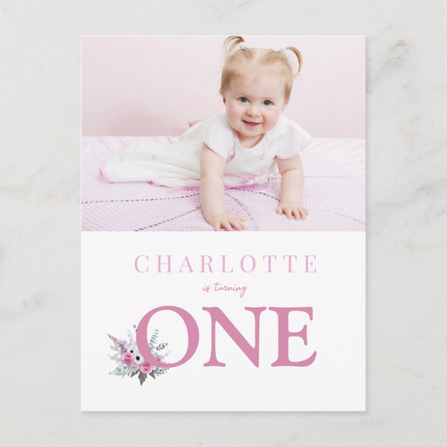 Girando una invitación floral de primer cumpleaños (Anverso)