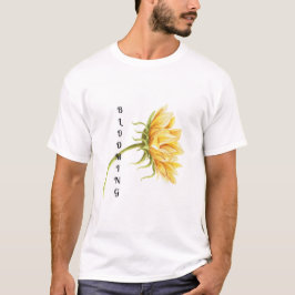 Girasol acuarela con texto "Floreciendo" camiseta