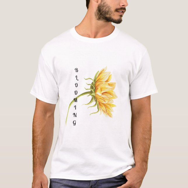 Girasol acuarela con texto "Floreciendo" camiseta (Anverso)