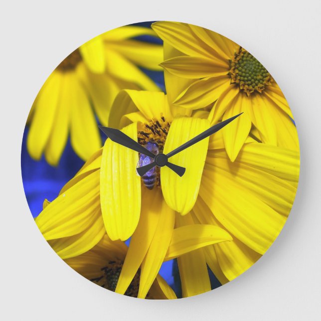 Girasol amarillo, reloj de pared azul de la abeja (Anverso)