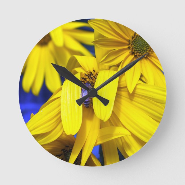 Girasol amarillo, reloj de pared de abejas azules (Anverso)