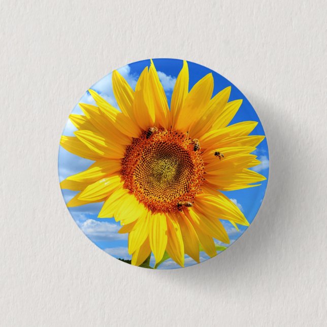 Girasol amarillo y abejas en botón cielo azul (Anverso)