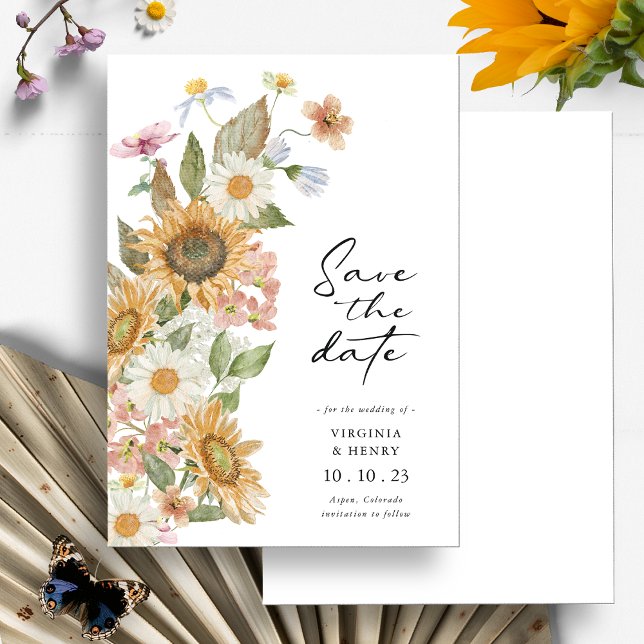 Girasol Anuncio de Compromiso (Elegant Watercolor Sunflower Wildflower Botanical Save The Date by Painted Paperie
)