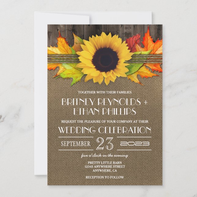 Girasol de otoño rústico + Invitaciones a la boda  (Anverso)