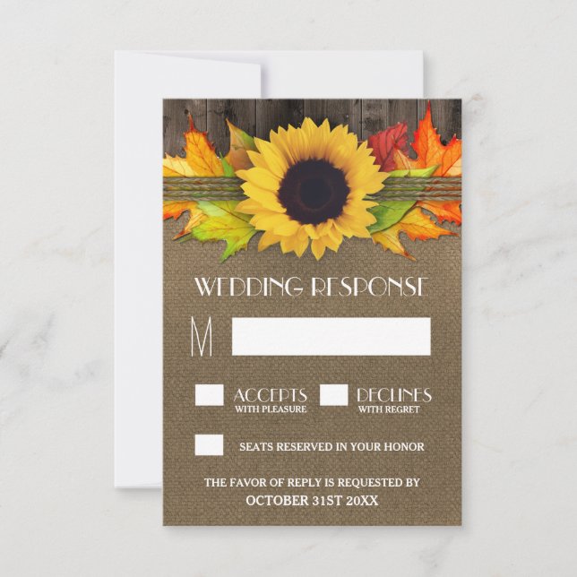Girasol de otoño rústico + Tarjetas RSVP de boda B (Anverso)