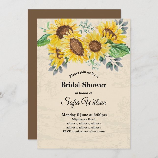 girasol, ducha de novia floral, invitación (Anverso / Reverso)