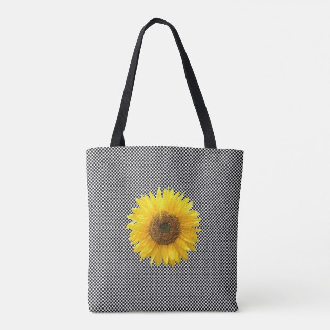 Girasol en bolsa tote con patrón de ajedrez blanco (Reverso)