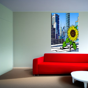 Girasol en el techo de la ciudad   Poster de arte 