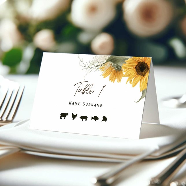 Girasol rústico, tarjeta Place con opciones de com (Sunflower tented place cards with meal options.)