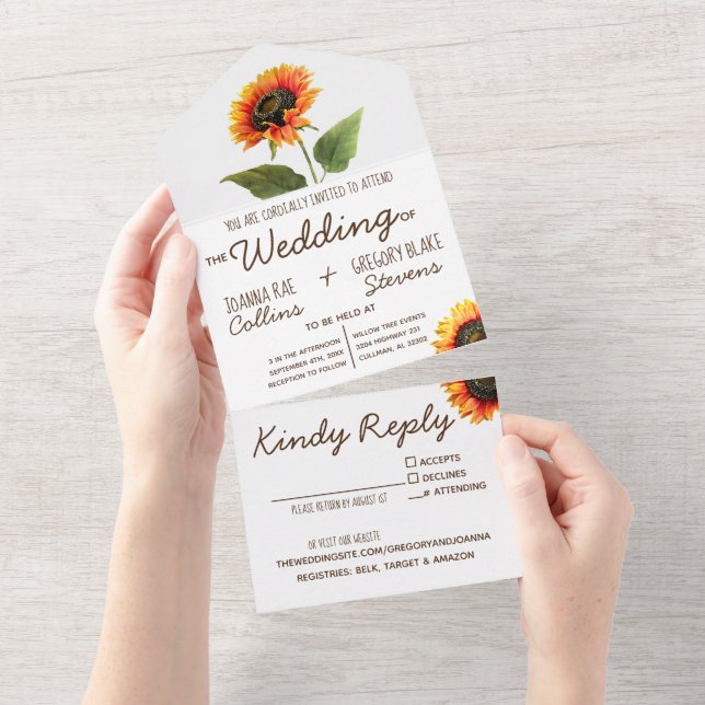Girasol todo en una invitación de matrimonio (desgarro)