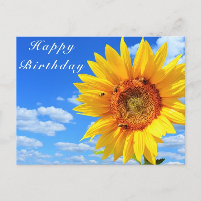 Girasol y abejas con tarjeta de cumpleaños Blue Sk (Anverso)