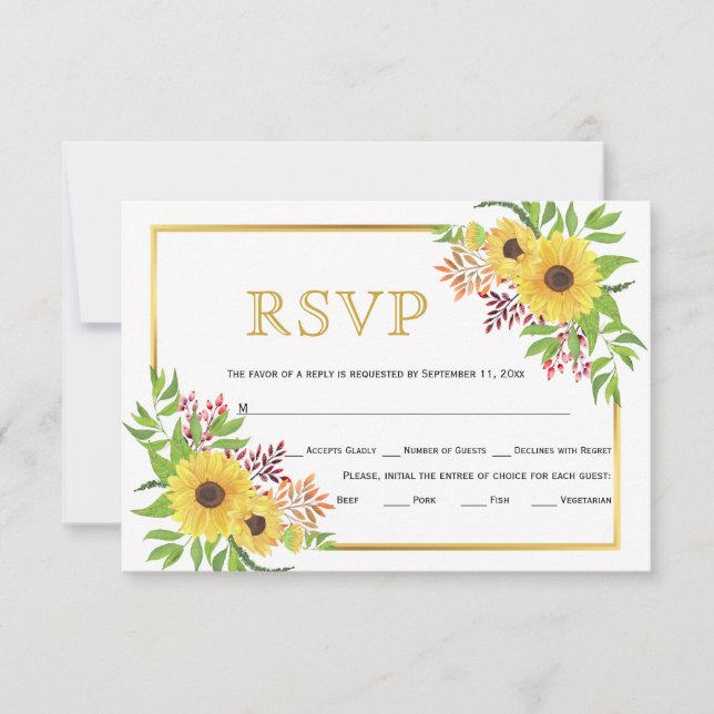 girasoles amarillos, tarjeta RSVP de boda con marc (Anverso)