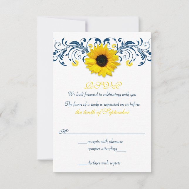 Girasoles Azul Marino Amarillo Floral Boda RSVP (Anverso)
